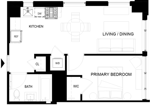 Floor plan for 1 bed, 1 bath, 493 sqft